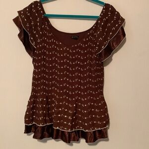 Women's Brown Ruffle Sleeve Knit Blouse with Satin Trim
